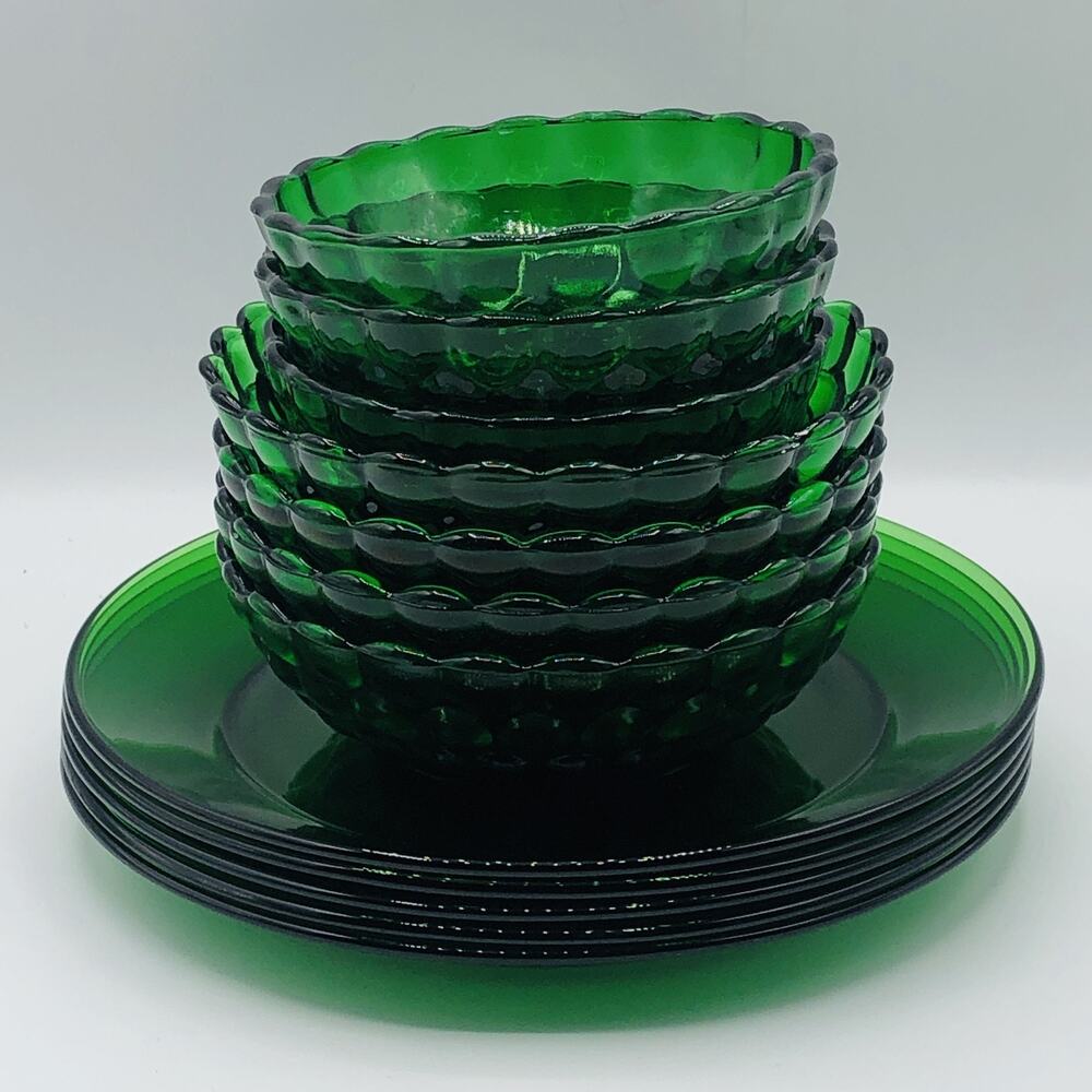 Vtg Anchor Hocking Forest Green Burple / Bubble Glass Bowls And Plate Set